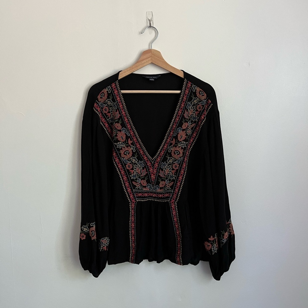 American Eagle Black Floral Embroidered Boho Top